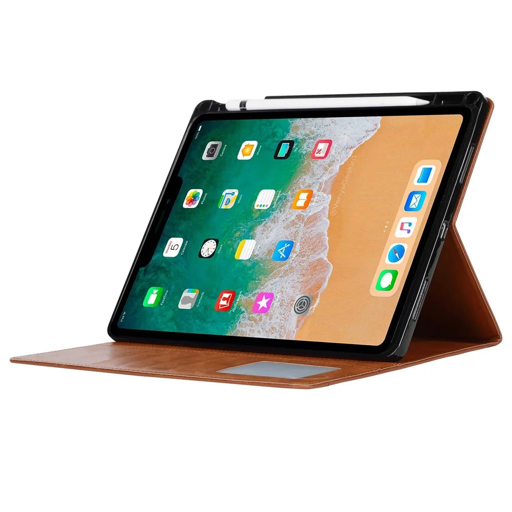 For iPad (2025) / 10.9 (2022) Outer Card Slot Design PU Leather Tablet Case Foldable Stand Wallet Pen Slot Cover with Auto Wake / Sleep - Brown - 3