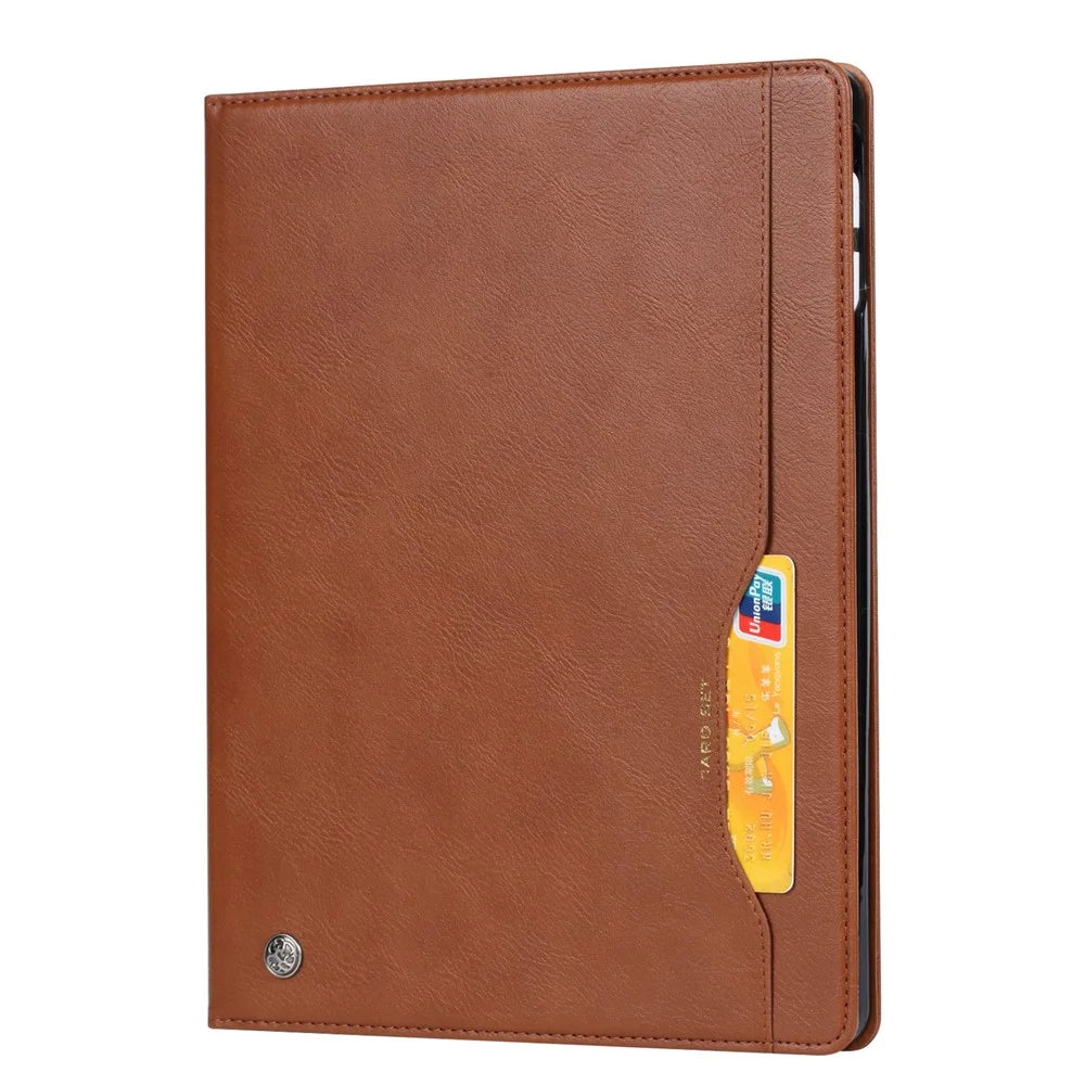 For iPad (2025) / 10.9 (2022) Outer Card Slot Design PU Leather Tablet Case Foldable Stand Wallet Pen Slot Cover with Auto Wake / Sleep - Brown - 5