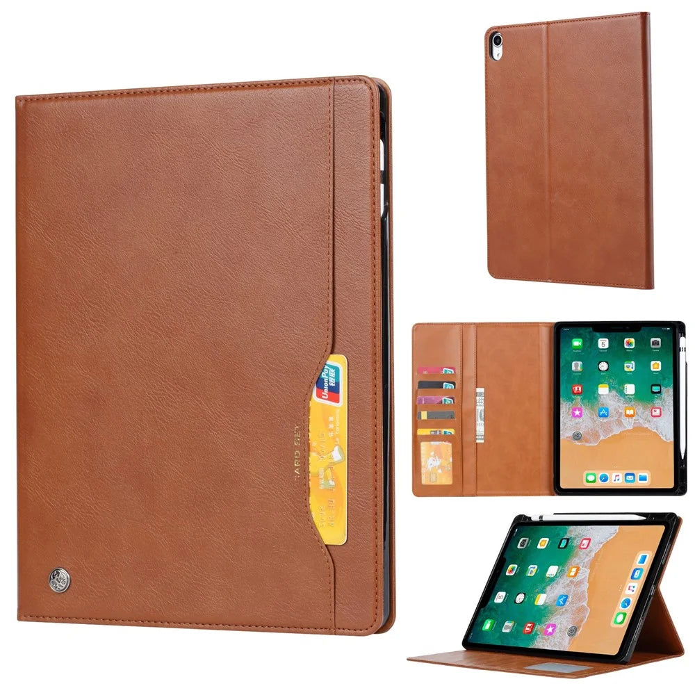 For iPad (2025) / 10.9 (2022) Outer Card Slot Design PU Leather Tablet Case Foldable Stand Wallet Pen Slot Cover with Auto Wake / Sleep - Brown - 6