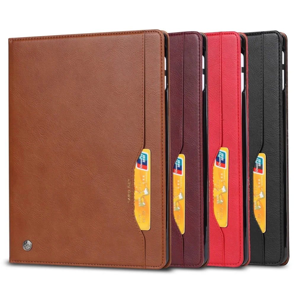For iPad (2025) / 10.9 (2022) Outer Card Slot Design PU Leather Tablet Case Foldable Stand Wallet Pen Slot Cover with Auto Wake / Sleep - Brown - 7