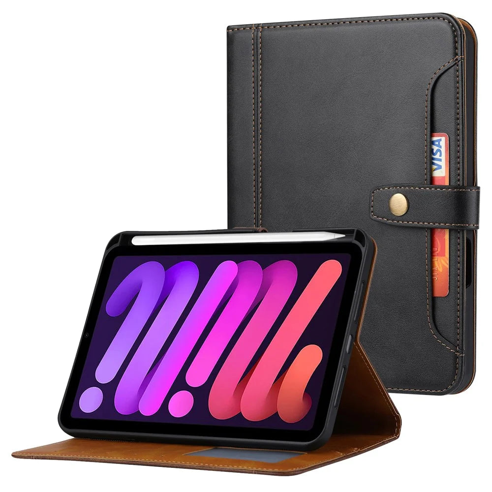 For iPad (2025) / 10.9 (2022) Outer Card Slot Design PU Leather Tablet Case Magnetic Clasp Wallet Stand Anti-Scratch Cover with Pen Slot - Black - 1