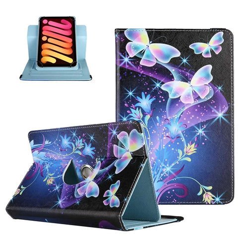 Pattern Printing Case for 10-inch Tablet, Rotating PU Leather Card Holder Elastic Band Stand Universal Tablet Cover - Blue Butterflies - 1