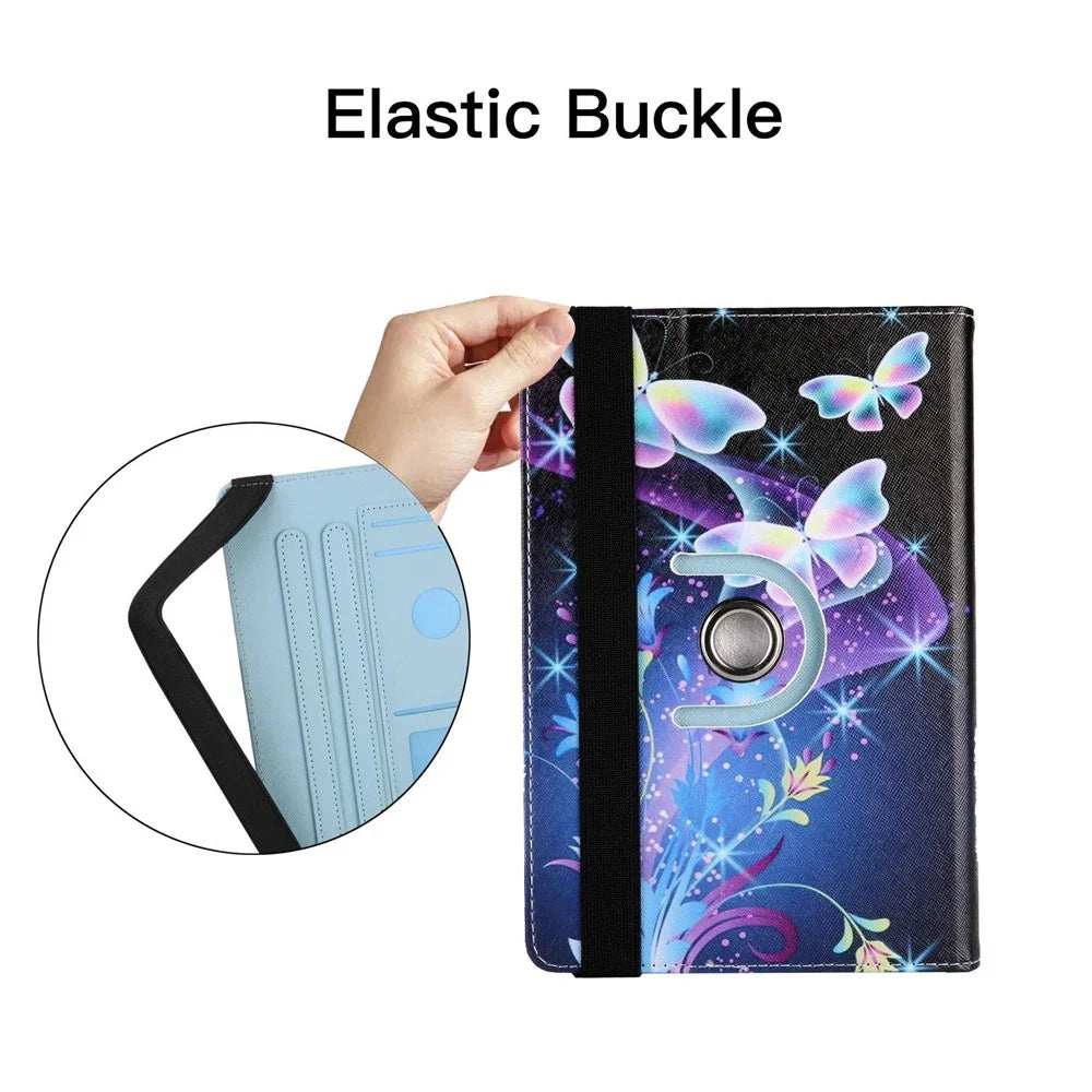 360-Degree Rotating Case for 7-inch Tablet, Pattern Printing PU Leather Stand Elastic Band Protective Cover with Card Holder - Blue Butterflies - 4