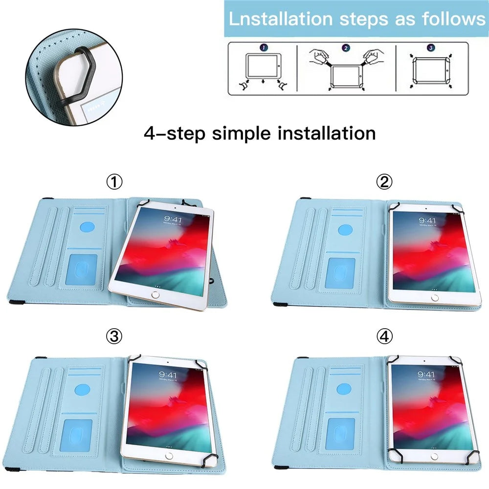 360-Degree Rotating Case for 7-inch Tablet, Pattern Printing PU Leather Stand Elastic Band Protective Cover with Card Holder - Blue Butterflies - 7