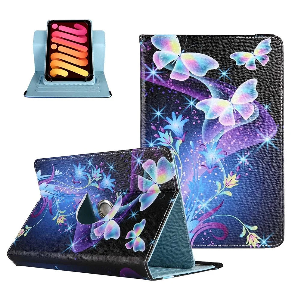Rotating PU Leather Cover for 8-inch Tablet, Pattern Printing Elastic Band Folio Stand Protective Case with Card Slots - Blue Butterflies - 1