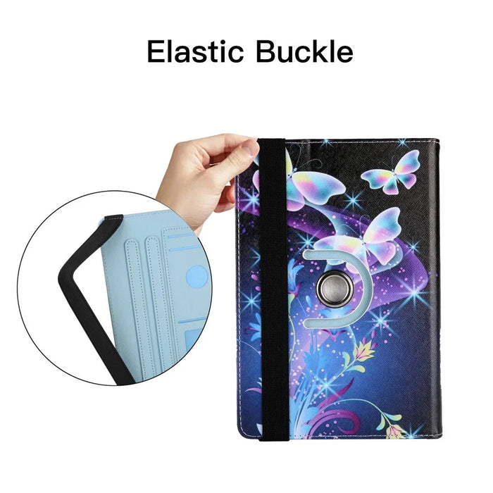 Rotating PU Leather Cover for 8-inch Tablet, Pattern Printing Elastic Band Folio Stand Protective Case with Card Slots - Blue Butterflies - 5