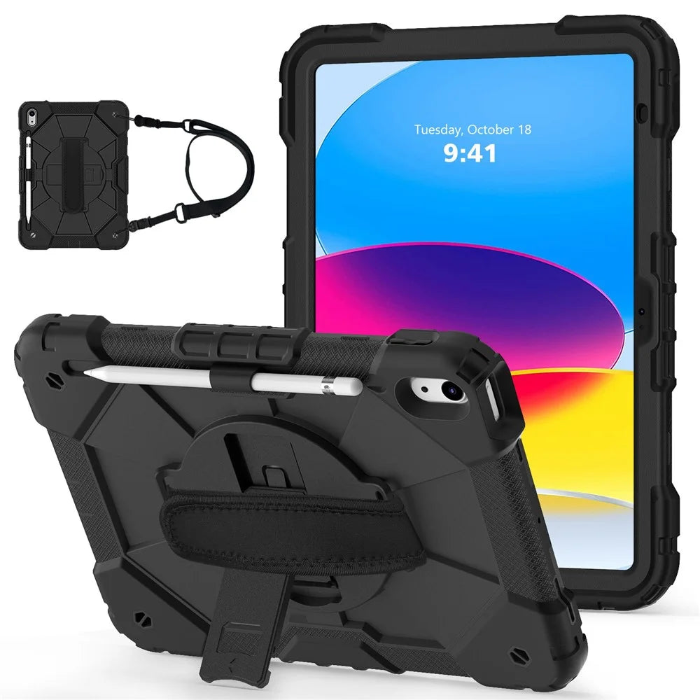 Shockproof Tablet Case for iPad (2025) / 10.9 (2022) / Air (2020) / Air (2022) PC + Silicone Kickstand Cover with Hand Strap - All Black - 1