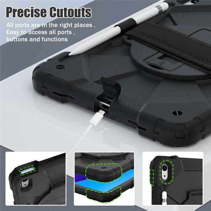 Shockproof Tablet Case for iPad (2025) / 10.9 (2022) / Air (2020) / Air (2022) PC + Silicone Kickstand Cover with Hand Strap - All Black - 2