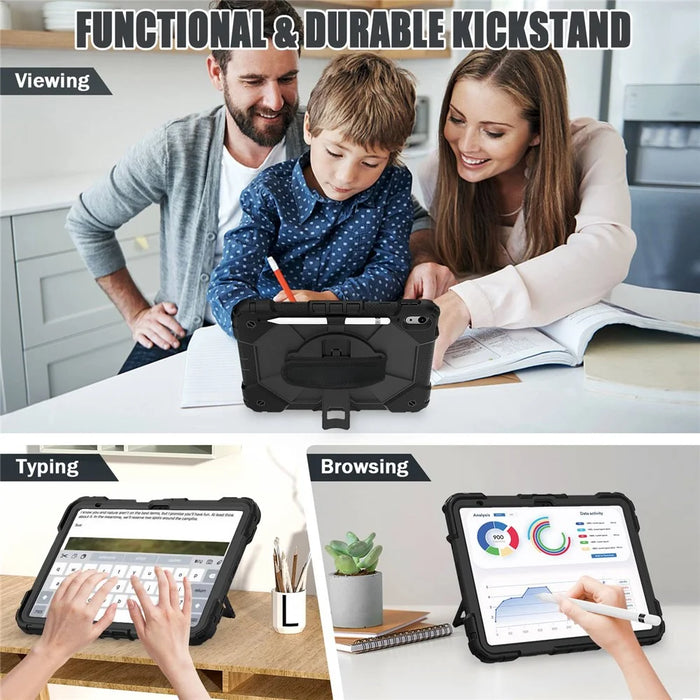 Shockproof Tablet Case for iPad (2025) / 10.9 (2022) / Air (2020) / Air (2022) PC + Silicone Kickstand Cover with Hand Strap - All Black - 3