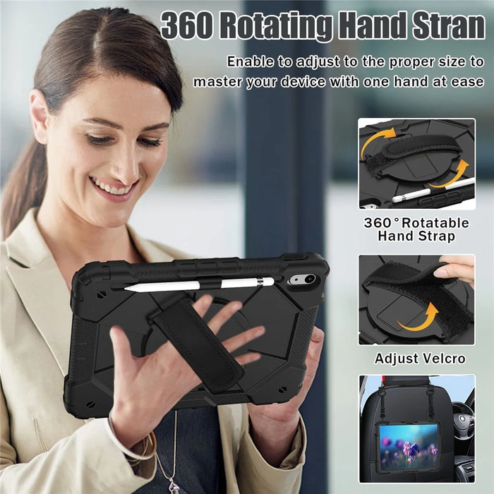 Shockproof Tablet Case for iPad (2025) / 10.9 (2022) / Air (2020) / Air (2022) PC + Silicone Kickstand Cover with Hand Strap - All Black - 5