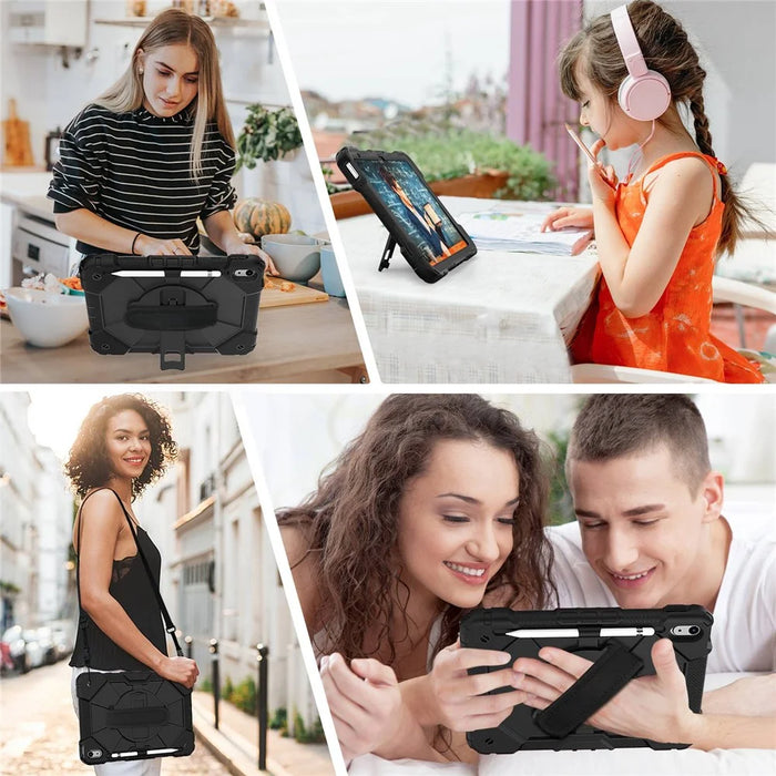 Shockproof Tablet Case for iPad (2025) / 10.9 (2022) / Air (2020) / Air (2022) PC + Silicone Kickstand Cover with Hand Strap - All Black - 6