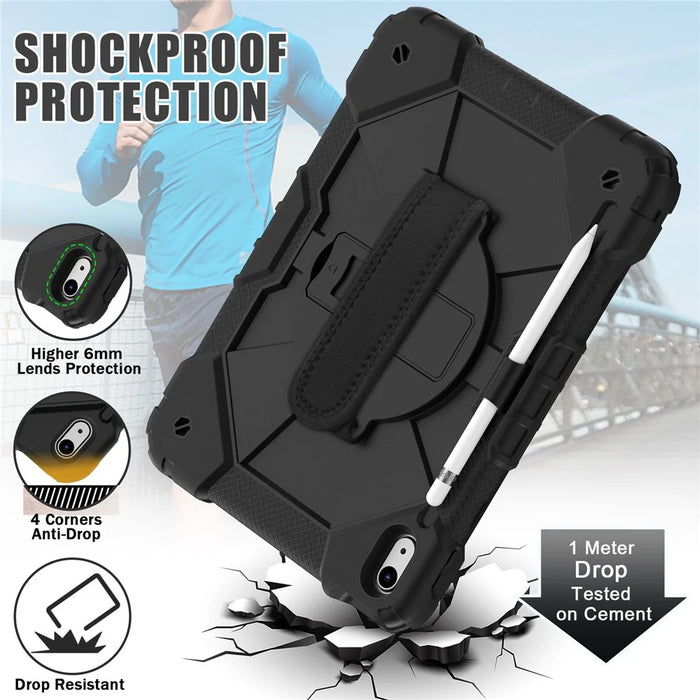 Shockproof Tablet Case for iPad (2025) / 10.9 (2022) / Air (2020) / Air (2022) PC + Silicone Kickstand Cover with Hand Strap - All Black - 7