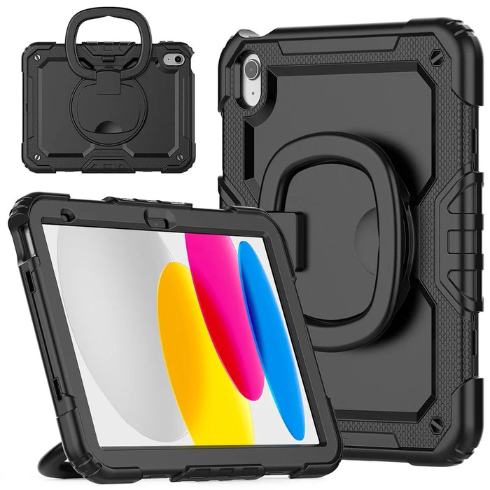 Shockproof Drop-Proof Tablet Case for iPad (2025) / 10.9 (2022) PC + Thickened Silicone Kickstand Cover with Hand Grip - All Black - 1