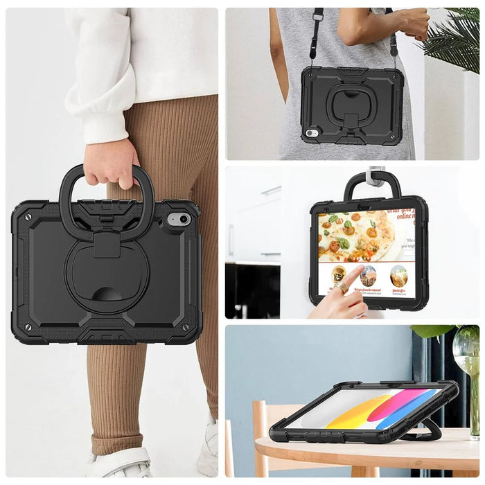 Shockproof Drop-Proof Tablet Case for iPad (2025) / 10.9 (2022) PC + Thickened Silicone Kickstand Cover with Hand Grip - All Black - 6