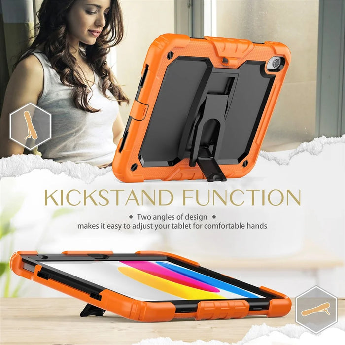 For iPad (2025) / 10.9 (2022) Silicone+PC Protective Case Kickstand Shockproof Tablet Cover with Shoulder Strap - Black / Orange - 3