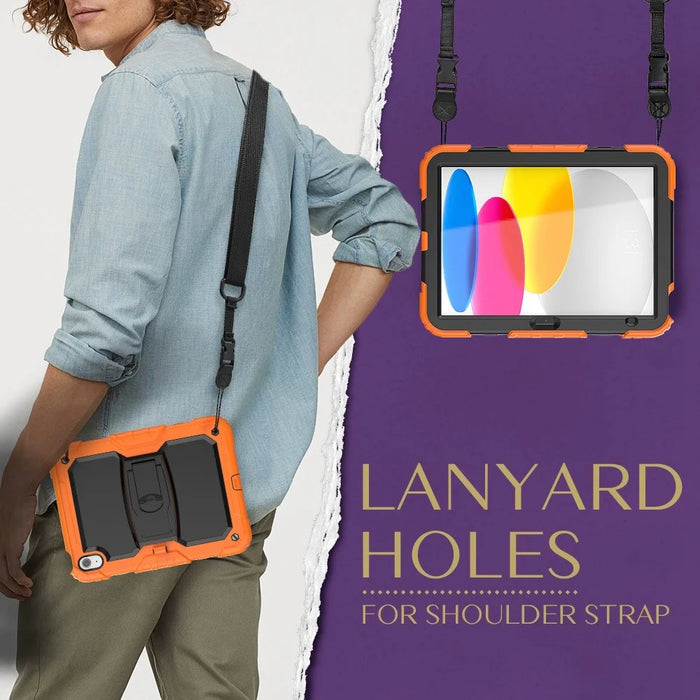 For iPad (2025) / 10.9 (2022) Silicone+PC Protective Case Kickstand Shockproof Tablet Cover with Shoulder Strap - Black / Orange - 4