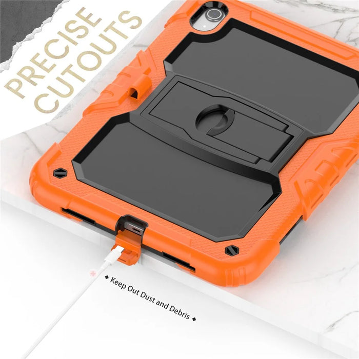 For iPad (2025) / 10.9 (2022) Silicone+PC Protective Case Kickstand Shockproof Tablet Cover with Shoulder Strap - Black / Orange - 5