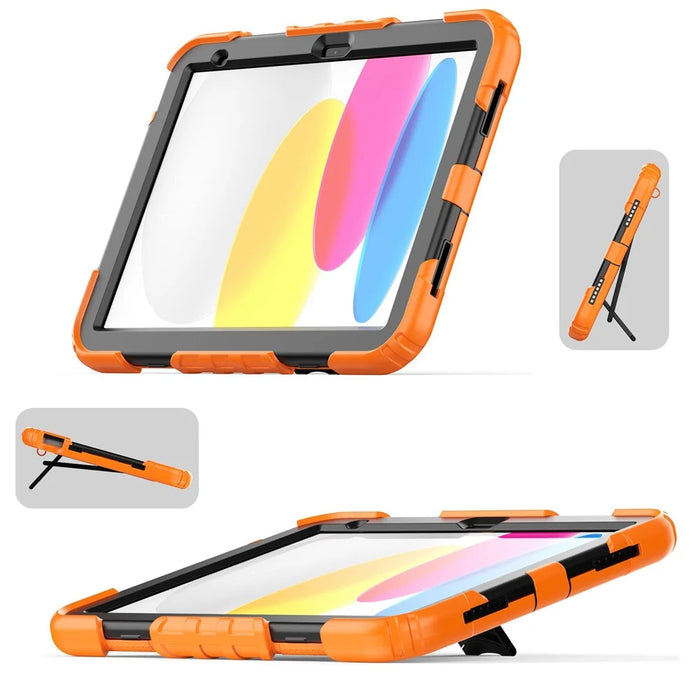 For iPad (2025) / 10.9 (2022) Silicone+PC Protective Case Kickstand Shockproof Tablet Cover with Shoulder Strap - Black / Orange - 7