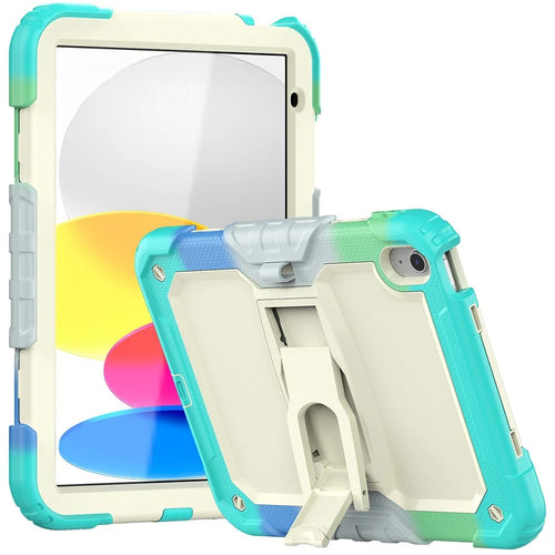 For iPad (2025) / 10.9 (2022) Thickened Silicone+PC Tablet Case Kickstand Cover with Shoulder Strap (Without Screen Protector) - Colorful Baby Blue - 1