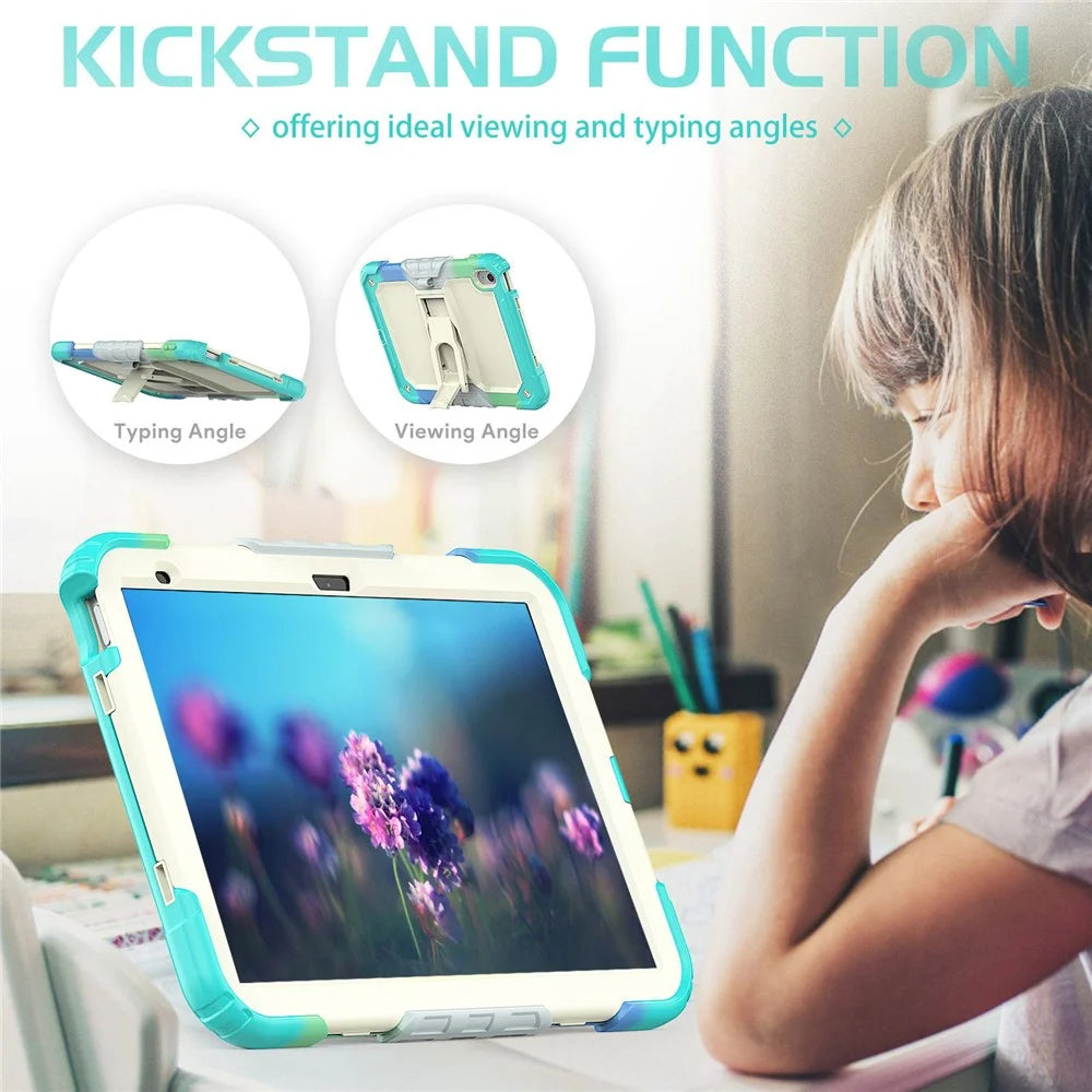 For iPad (2025) / 10.9 (2022) Thickened Silicone+PC Tablet Case Kickstand Cover with Shoulder Strap (Without Screen Protector) - Colorful Baby Blue - 2