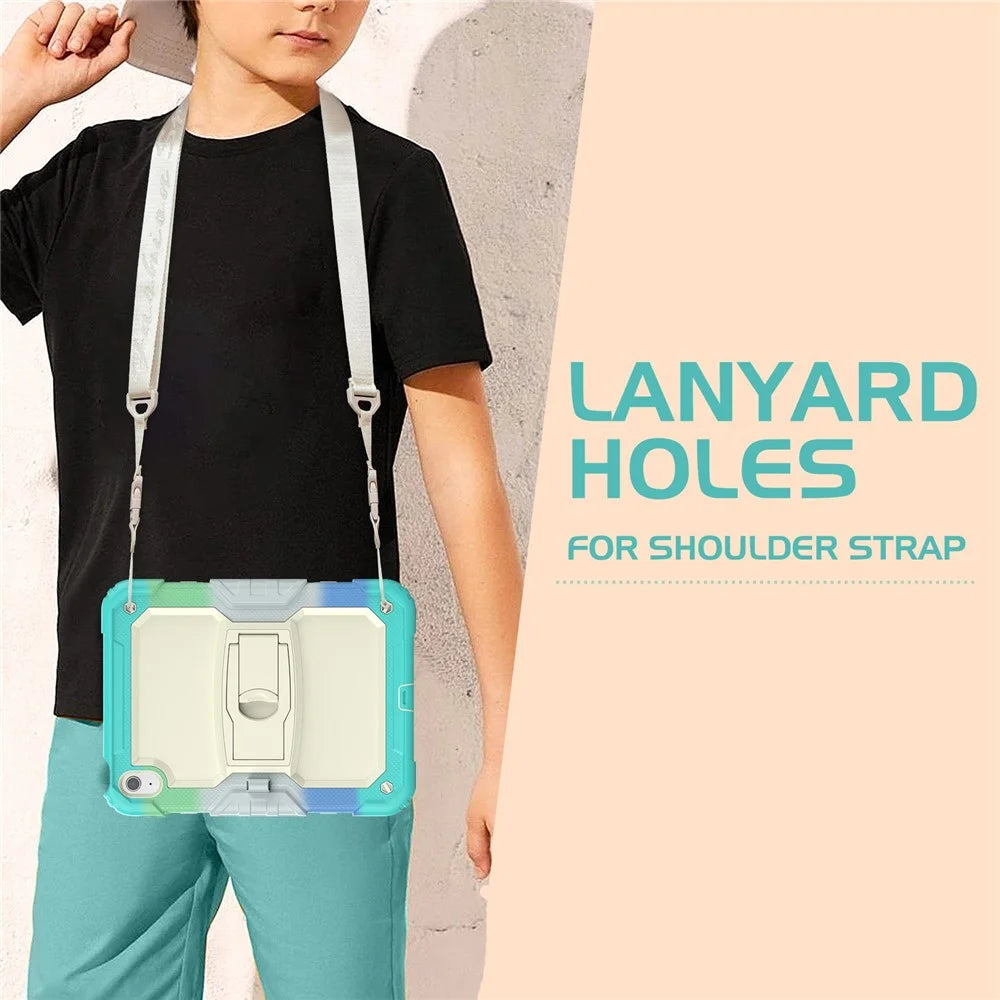 For iPad (2025) / 10.9 (2022) Thickened Silicone+PC Tablet Case Kickstand Cover with Shoulder Strap (Without Screen Protector) - Colorful Baby Blue - 4