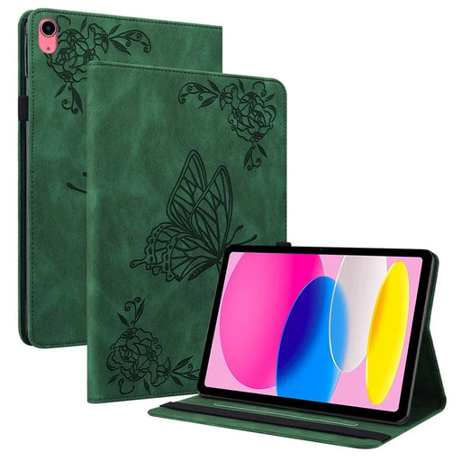 For iPad (2025) / 10.9 (2022) Butterfly Flower Imprinted PU Leather Card Holder Stand Smart Tablet Case with Pencil Holder - Green - 1