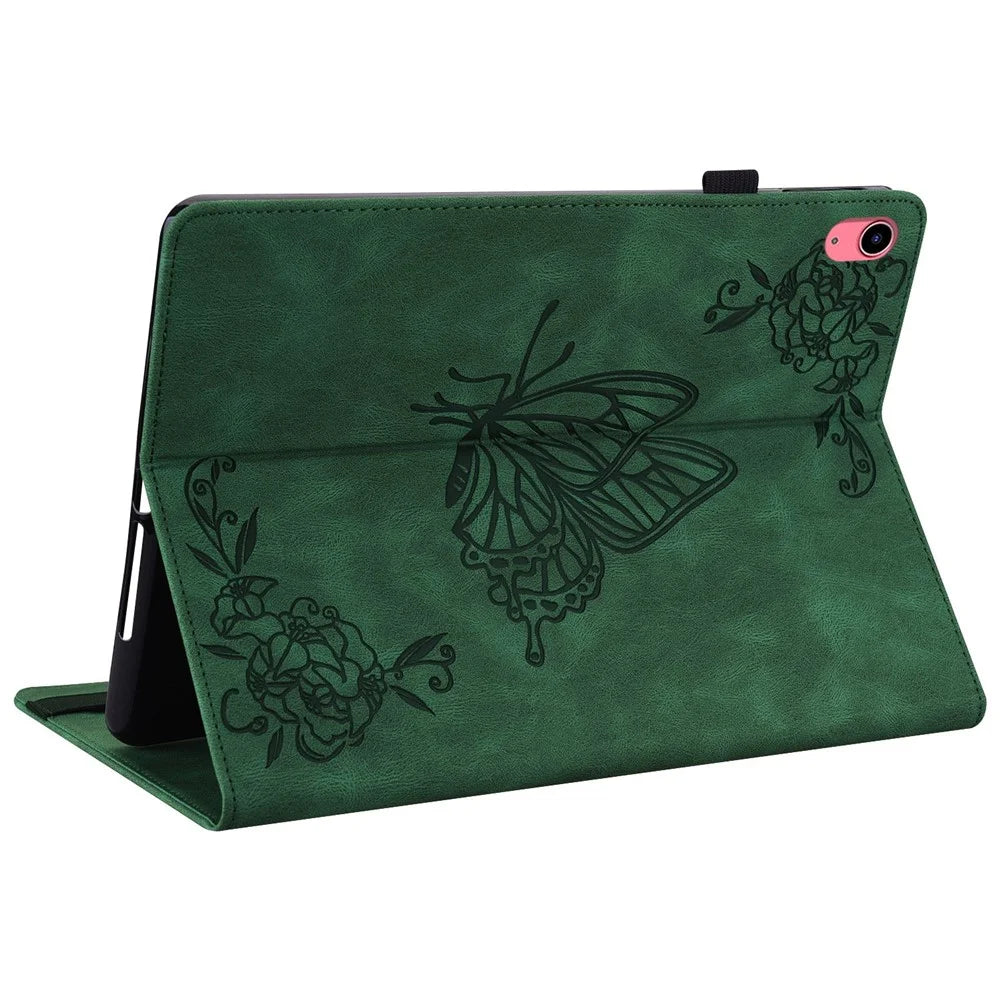 For iPad (2025) / 10.9 (2022) Butterfly Flower Imprinted PU Leather Card Holder Stand Smart Tablet Case with Pencil Holder - Green - 4