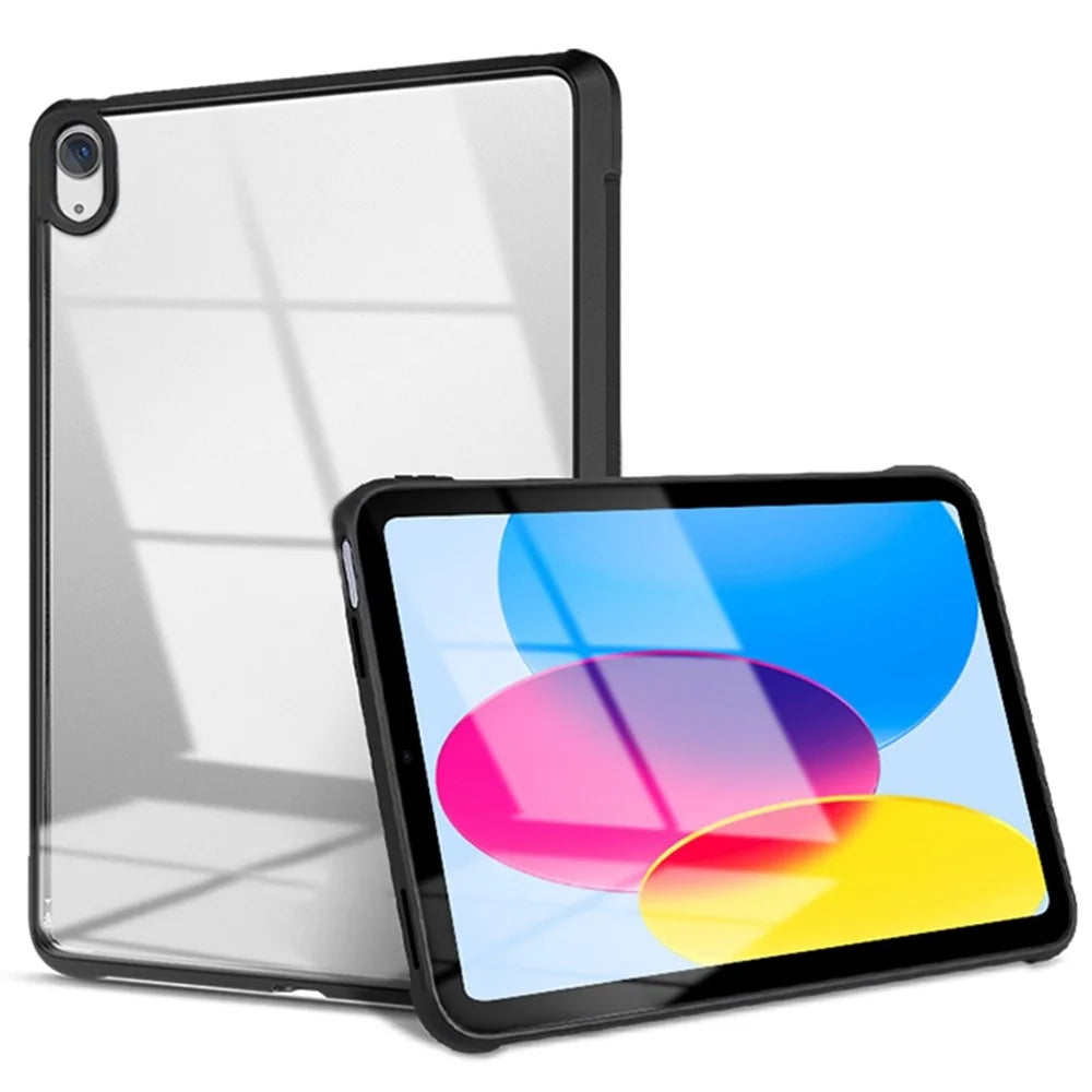 For iPad (2025) / 10.9 (2022) Four Corners Airbag Anti-Drop Tablet Cover Transparent Acrylic Back TPU Frame Case - Black - 2