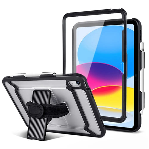 For iPad (2025) / 10.9 (2022) Tablet Cover Kickstand Case with PET Screen Film / Grip Strap / Pen Slot - Black - 1