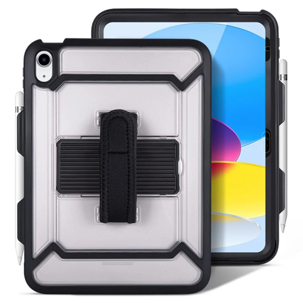 For iPad (2025) / 10.9 (2022) Tablet Cover Kickstand Case with PET Screen Film / Grip Strap / Pen Slot - Black - 2