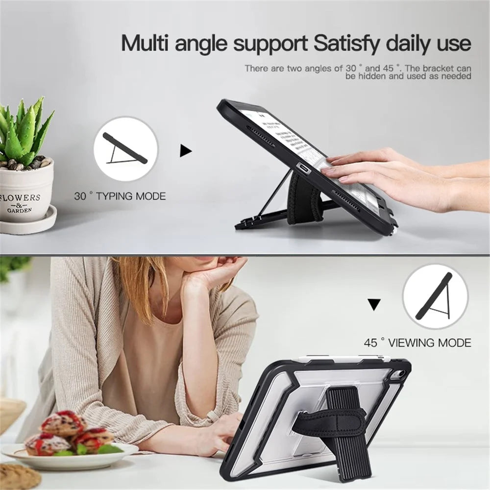For iPad (2025) / 10.9 (2022) Tablet Cover Kickstand Case with PET Screen Film / Grip Strap / Pen Slot - Black - 4