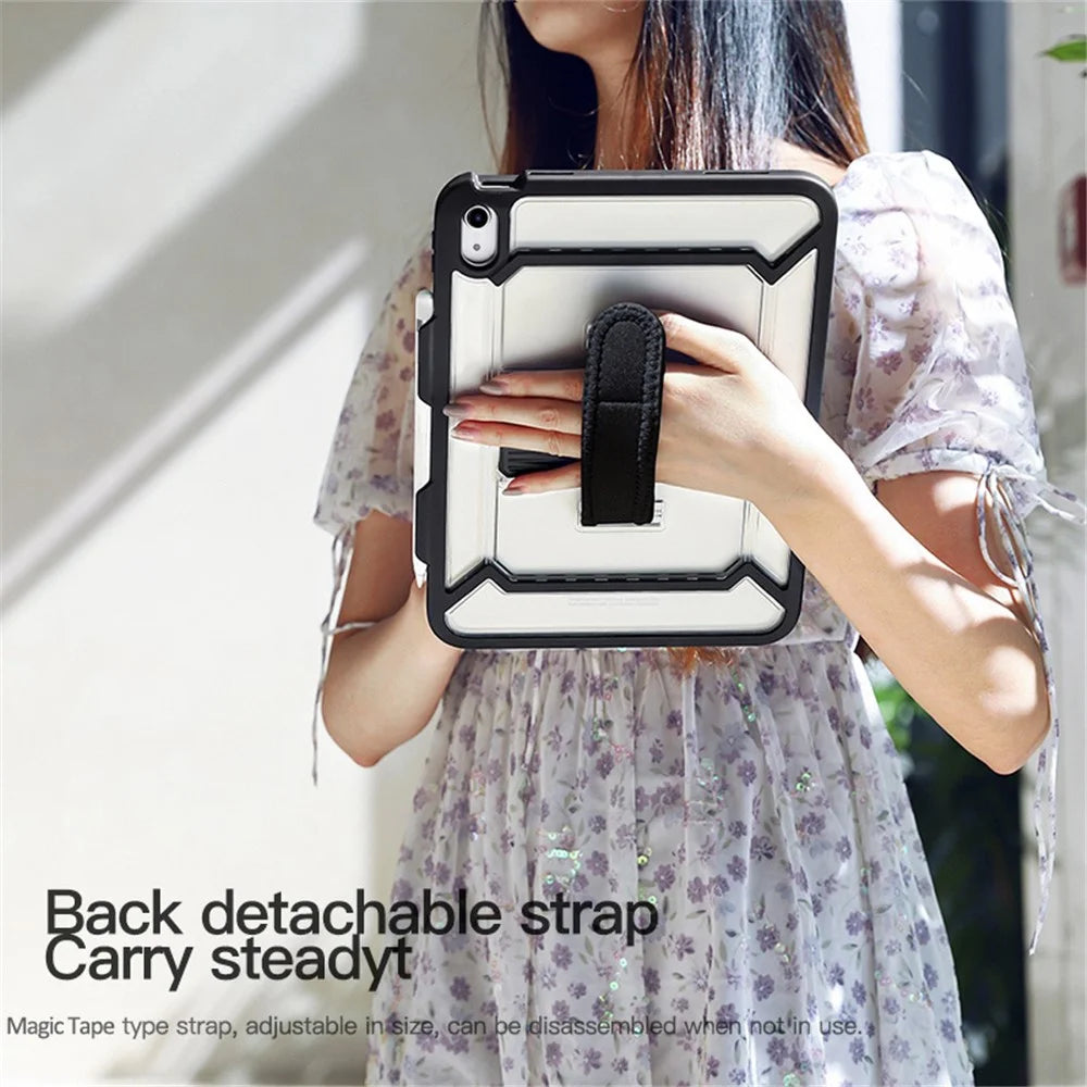 For iPad (2025) / 10.9 (2022) Tablet Cover Kickstand Case with PET Screen Film / Grip Strap / Pen Slot - Black - 5