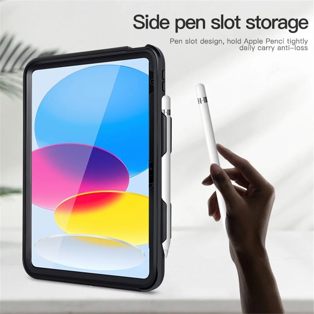 For iPad (2025) / 10.9 (2022) Tablet Cover Kickstand Case with PET Screen Film / Grip Strap / Pen Slot - Black - 7