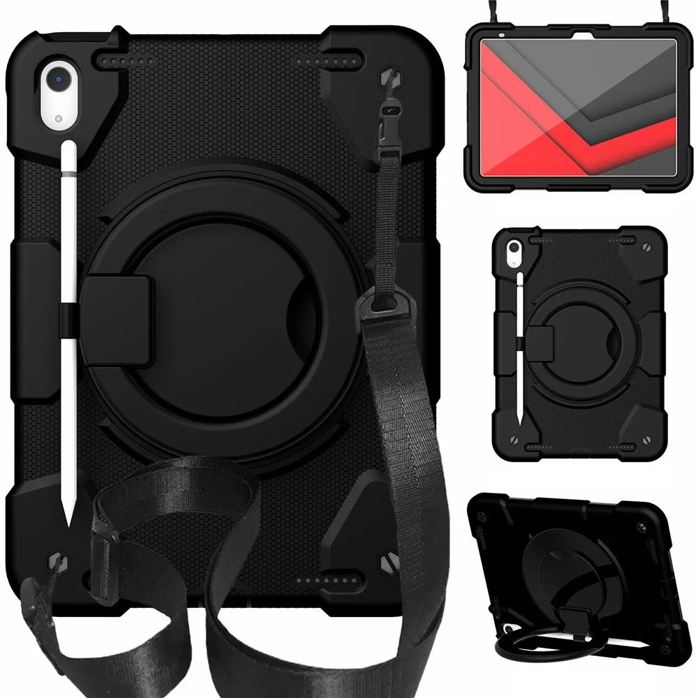 PC + Silicone Protective Case for iPad (2025) / 10.9 (2022) Grip Ring Kickstand Design Tablet Drop-Proof Cover with Shoulder Strap - Black - 1