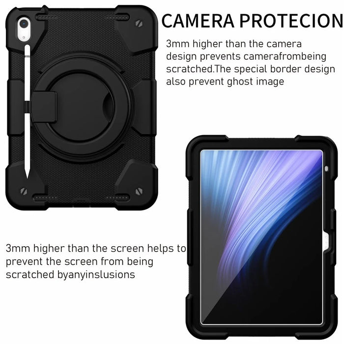 PC + Silicone Protective Case for iPad (2025) / 10.9 (2022) Grip Ring Kickstand Design Tablet Drop-Proof Cover with Shoulder Strap - Black - 2