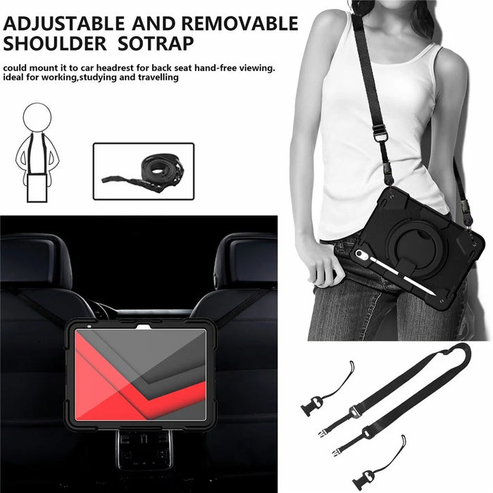 PC + Silicone Protective Case for iPad (2025) / 10.9 (2022) Grip Ring Kickstand Design Tablet Drop-Proof Cover with Shoulder Strap - Black - 7