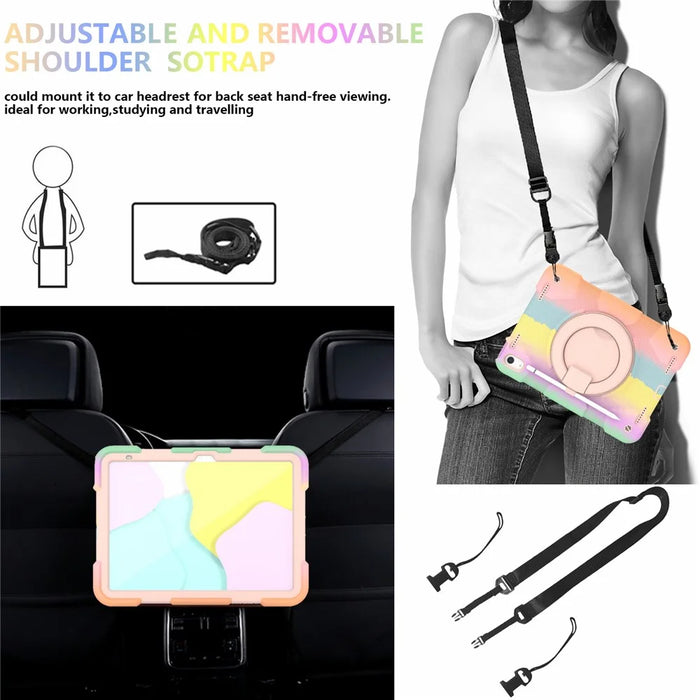 For iPad (2025) / 10.9 (2022) Colorful Tablet Protective Case Rotatable Kickstand Cover with Shoulder Strap - Colorful Rose Gold - 7