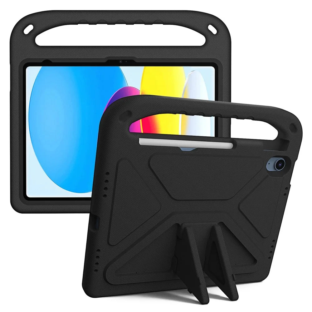 For iPad (2025) / 10.9 (2022) Portable Hand Grip EVA Tablet Case Foldable Kickstand Shockproof Protective Cover - Black - 1
