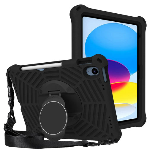 For iPad (2025) / 10.9 (2022) Spider Web Texture Shockproof EVA Case 360 Degree Rotation Kickstand Cover with Shoulder Strap - Black - 1