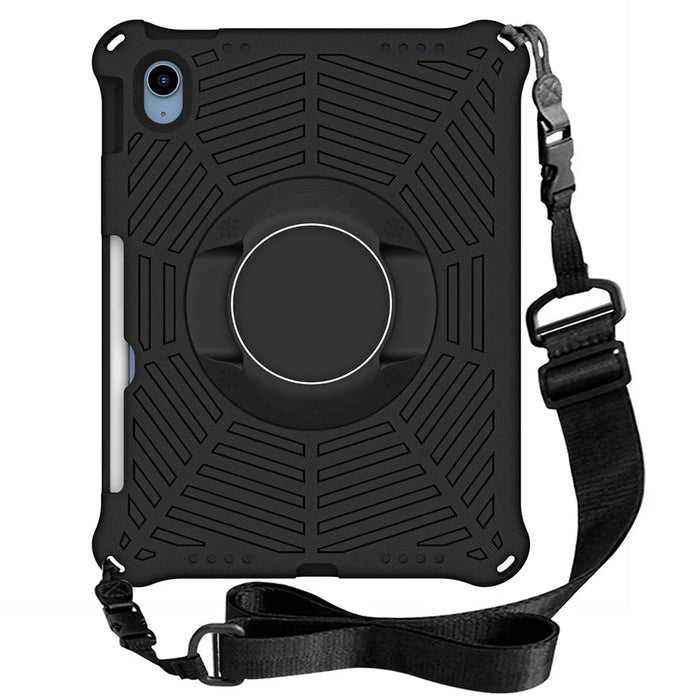 For iPad (2025) / 10.9 (2022) Spider Web Texture Shockproof EVA Case 360 Degree Rotation Kickstand Cover with Shoulder Strap - Black - 2