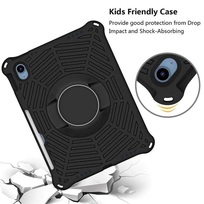 For iPad (2025) / 10.9 (2022) Spider Web Texture Shockproof EVA Case 360 Degree Rotation Kickstand Cover with Shoulder Strap - Black - 3