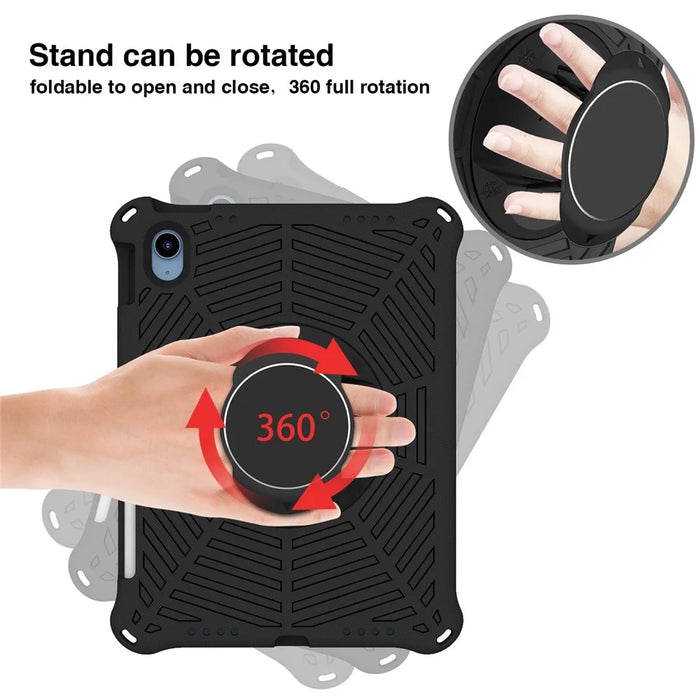 For iPad (2025) / 10.9 (2022) Spider Web Texture Shockproof EVA Case 360 Degree Rotation Kickstand Cover with Shoulder Strap - Black - 6