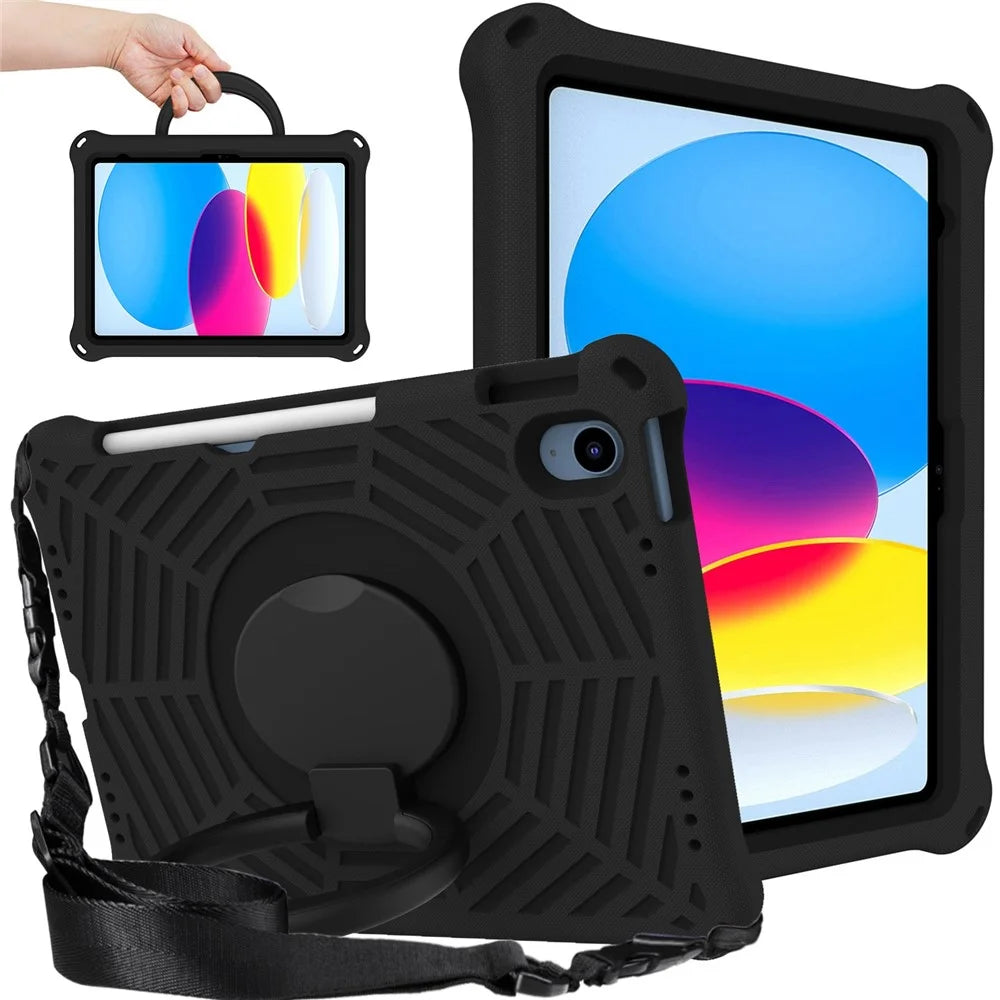 For iPad (2025) / 10.9 (2022) Spider Web Texture Hand Grip Kickstand Cover Drop-Proof Protective Tablet Case with Shoulder Strap - Black - 1