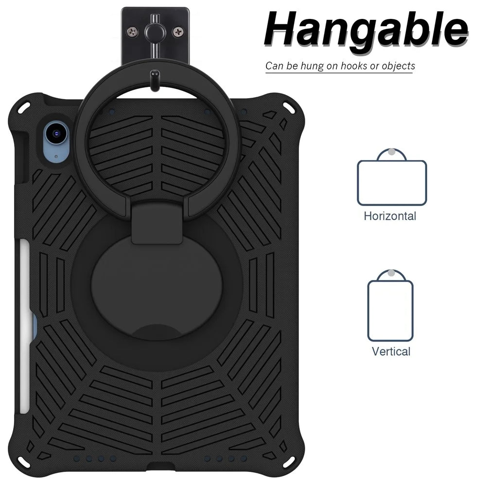 For iPad (2025) / 10.9 (2022) Spider Web Texture Hand Grip Kickstand Cover Drop-Proof Protective Tablet Case with Shoulder Strap - Black - 4