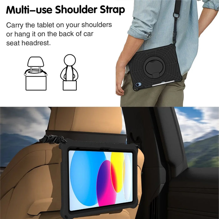 For iPad (2025) / 10.9 (2022) Spider Web Texture Hand Grip Kickstand Cover Drop-Proof Protective Tablet Case with Shoulder Strap - Black - 5