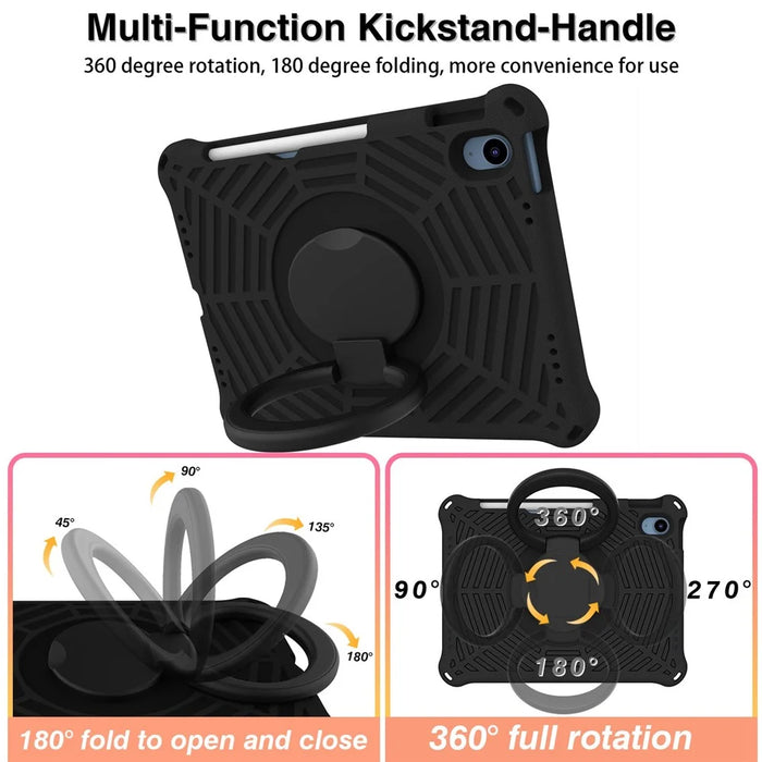 For iPad (2025) / 10.9 (2022) Spider Web Texture Hand Grip Kickstand Cover Drop-Proof Protective Tablet Case with Shoulder Strap - Black - 6