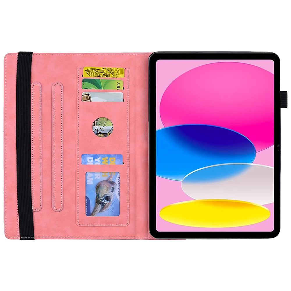 For iPad (2025) / 10.9 (2022) PU Leather Case Stand Imprinted Flower Pattern Tablet Cover with Card Slot - Pink - 2