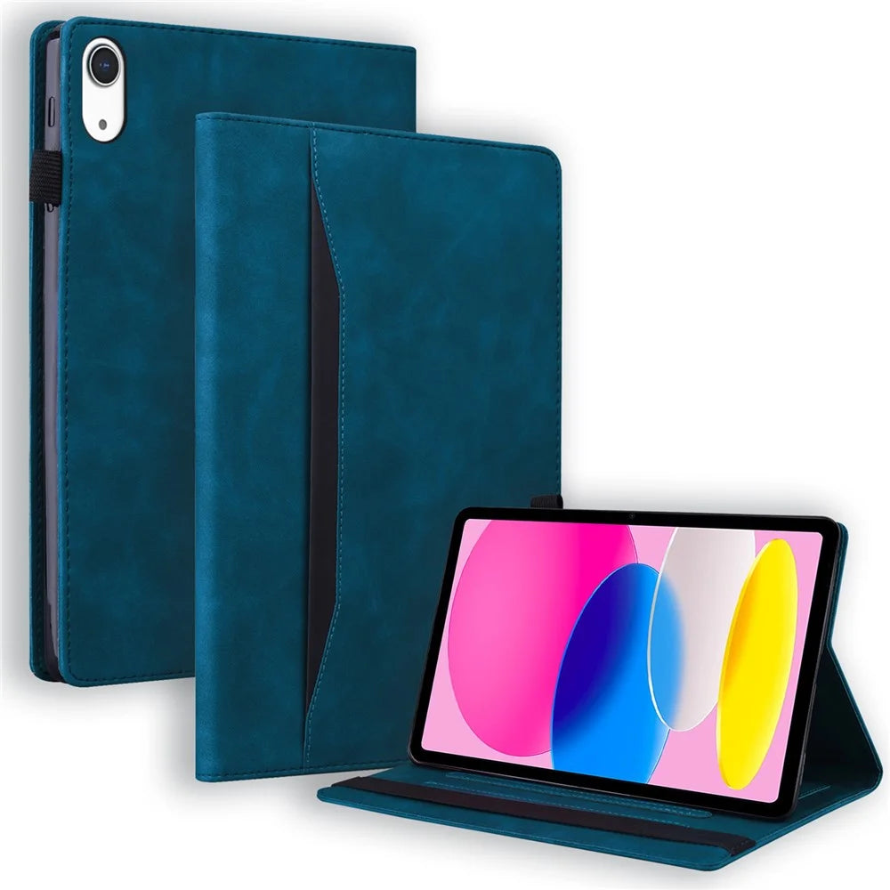 For iPad (2025) / 10.9 (2022) Business Folio Stand Case PU Leather Wallet Auto Wake / Sleep Tablet Cover with Elastic Band and Pencil Holder - Blue - 1