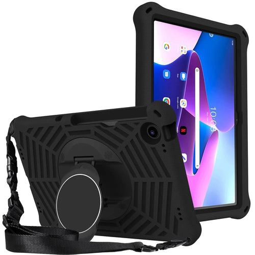 For Lenovo Tab M10 Plus (3rd Gen) / Xiaoxin Pad 2022 10.6 inch Spider Web Texture Shockproof EVA Case 360 Degree Rotation Kickstand Anti-scratch Cover with Shoulder Strap - Black - 1