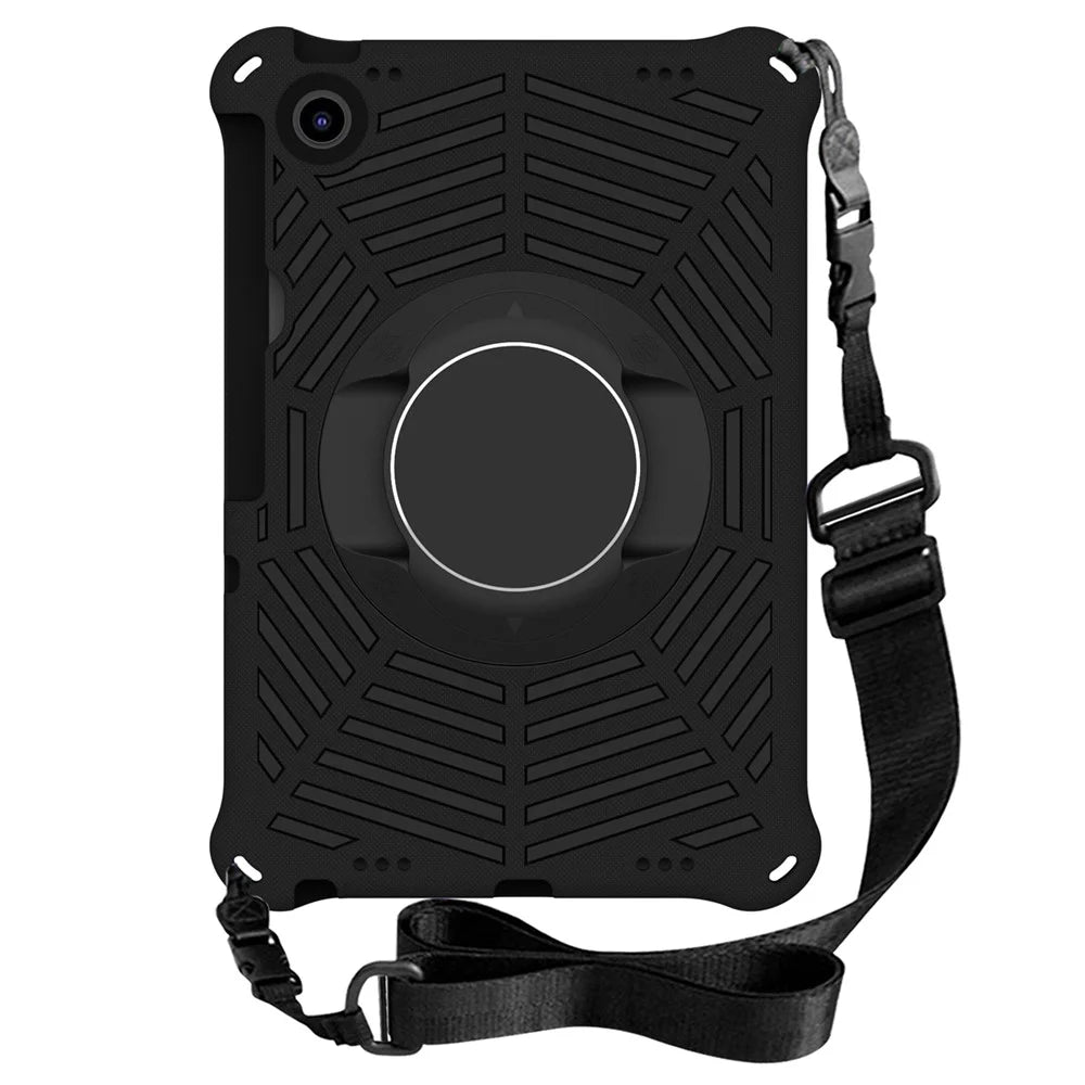 For Lenovo Tab M10 Plus (3rd Gen) / Xiaoxin Pad 2022 10.6 inch Spider Web Texture Shockproof EVA Case 360 Degree Rotation Kickstand Anti-scratch Cover with Shoulder Strap - Black - 3
